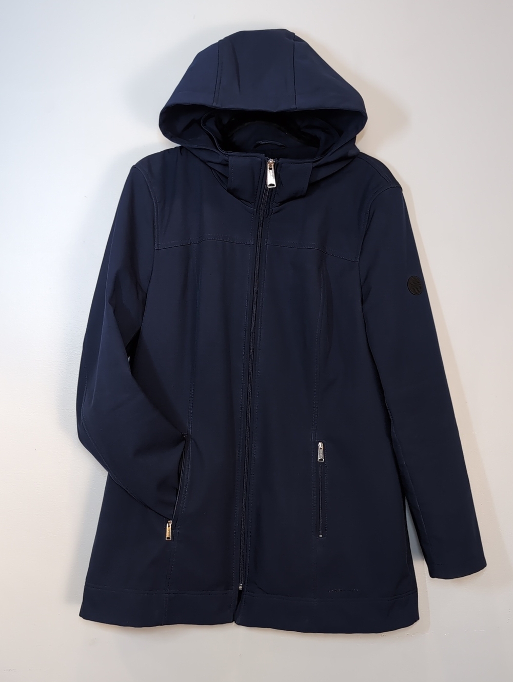 Andrew Marc Navy Softshell Jacket Hooded Fleece Lined Womens Size Large Stretch - Picture 2 of 16
